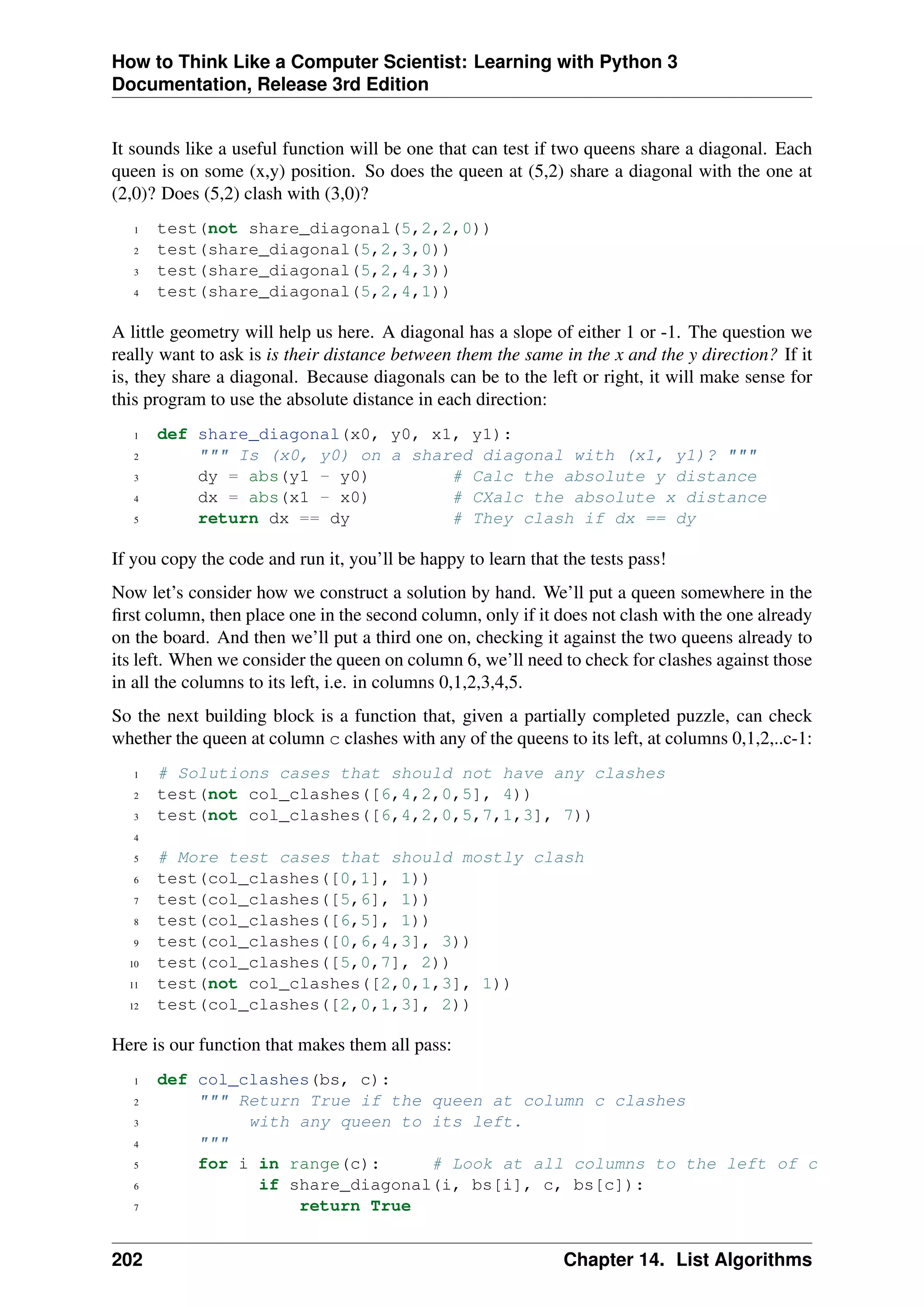 How to Think Like a Computer Scientist: Learning with Python 3
Documentation, Release 3rd Edition
It sounds like a useful function will be one that can test if two queens share a diagonal. Each
queen is on some (x,y) position. So does the queen at (5,2) share a diagonal with the one at
(2,0)? Does (5,2) clash with (3,0)?
1 test(not share_diagonal(5,2,2,0))
2 test(share_diagonal(5,2,3,0))
3 test(share_diagonal(5,2,4,3))
4 test(share_diagonal(5,2,4,1))
A little geometry will help us here. A diagonal has a slope of either 1 or -1. The question we
really want to ask is is their distance between them the same in the x and the y direction? If it
is, they share a diagonal. Because diagonals can be to the left or right, it will make sense for
this program to use the absolute distance in each direction:
1 def share_diagonal(x0, y0, x1, y1):
2 """ Is (x0, y0) on a shared diagonal with (x1, y1)? """
3 dy = abs(y1 - y0) # Calc the absolute y distance
4 dx = abs(x1 - x0) # CXalc the absolute x distance
5 return dx == dy # They clash if dx == dy
If you copy the code and run it, you’ll be happy to learn that the tests pass!
Now let’s consider how we construct a solution by hand. We’ll put a queen somewhere in the
first column, then place one in the second column, only if it does not clash with the one already
on the board. And then we’ll put a third one on, checking it against the two queens already to
its left. When we consider the queen on column 6, we’ll need to check for clashes against those
in all the columns to its left, i.e. in columns 0,1,2,3,4,5.
So the next building block is a function that, given a partially completed puzzle, can check
whether the queen at column c clashes with any of the queens to its left, at columns 0,1,2,..c-1:
1 # Solutions cases that should not have any clashes
2 test(not col_clashes([6,4,2,0,5], 4))
3 test(not col_clashes([6,4,2,0,5,7,1,3], 7))
4
5 # More test cases that should mostly clash
6 test(col_clashes([0,1], 1))
7 test(col_clashes([5,6], 1))
8 test(col_clashes([6,5], 1))
9 test(col_clashes([0,6,4,3], 3))
10 test(col_clashes([5,0,7], 2))
11 test(not col_clashes([2,0,1,3], 1))
12 test(col_clashes([2,0,1,3], 2))
Here is our function that makes them all pass:
1 def col_clashes(bs, c):
2 """ Return True if the queen at column c clashes
3 with any queen to its left.
4 """
5 for i in range(c): # Look at all columns to the left of c
6 if share_diagonal(i, bs[i], c, bs[c]):
7 return True
202 Chapter 14. List Algorithms
 