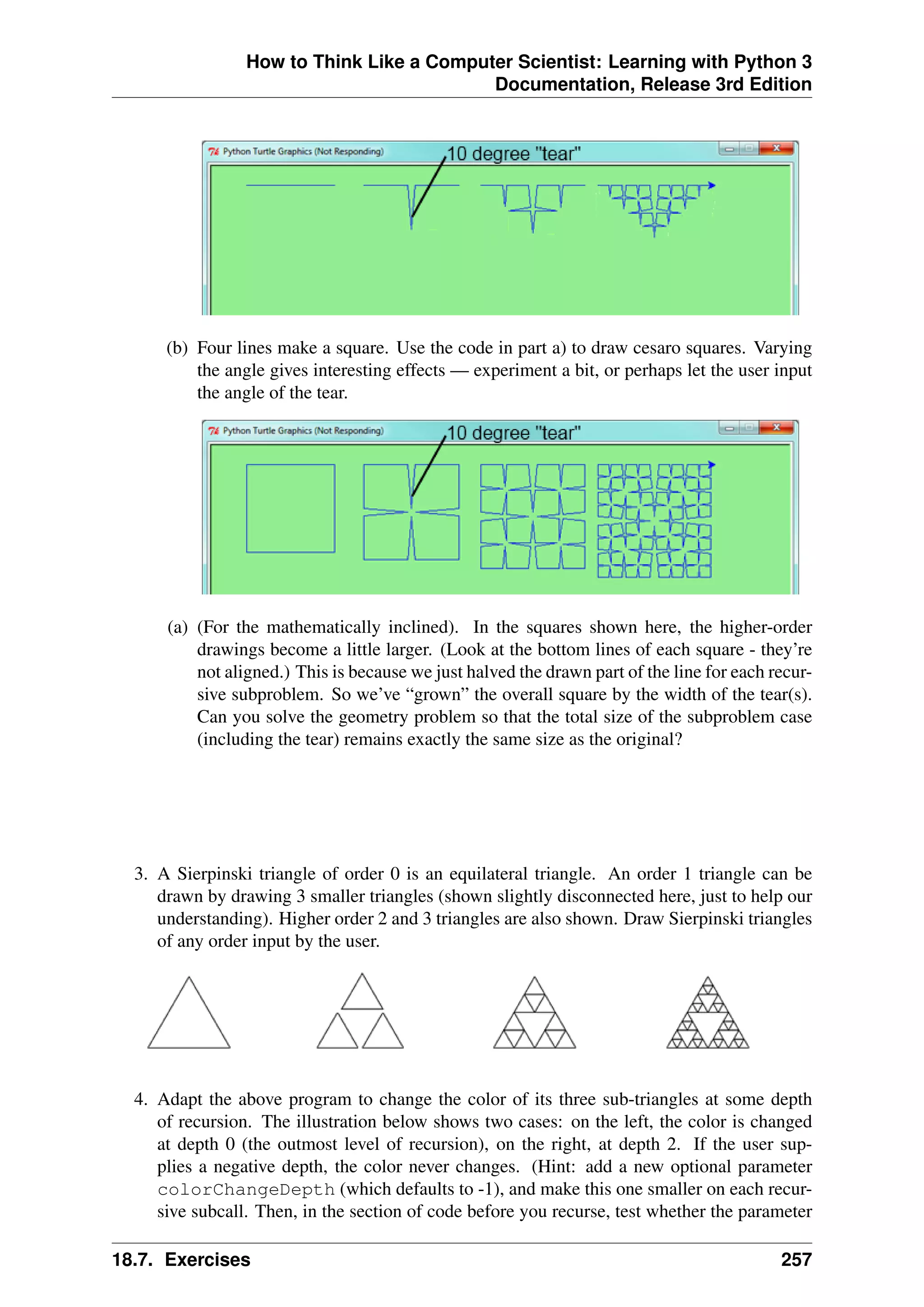 How to Think Like a Computer Scientist: Learning with Python 3
Documentation, Release 3rd Edition
(b) Four lines make a square. Use the code in part a) to draw cesaro squares. Varying
the angle gives interesting effects — experiment a bit, or perhaps let the user input
the angle of the tear.
(a) (For the mathematically inclined). In the squares shown here, the higher-order
drawings become a little larger. (Look at the bottom lines of each square - they’re
not aligned.) This is because we just halved the drawn part of the line for each recur-
sive subproblem. So we’ve “grown” the overall square by the width of the tear(s).
Can you solve the geometry problem so that the total size of the subproblem case
(including the tear) remains exactly the same size as the original?
3. A Sierpinski triangle of order 0 is an equilateral triangle. An order 1 triangle can be
drawn by drawing 3 smaller triangles (shown slightly disconnected here, just to help our
understanding). Higher order 2 and 3 triangles are also shown. Draw Sierpinski triangles
of any order input by the user.
4. Adapt the above program to change the color of its three sub-triangles at some depth
of recursion. The illustration below shows two cases: on the left, the color is changed
at depth 0 (the outmost level of recursion), on the right, at depth 2. If the user sup-
plies a negative depth, the color never changes. (Hint: add a new optional parameter
colorChangeDepth (which defaults to -1), and make this one smaller on each recur-
sive subcall. Then, in the section of code before you recurse, test whether the parameter
18.7. Exercises 257
 