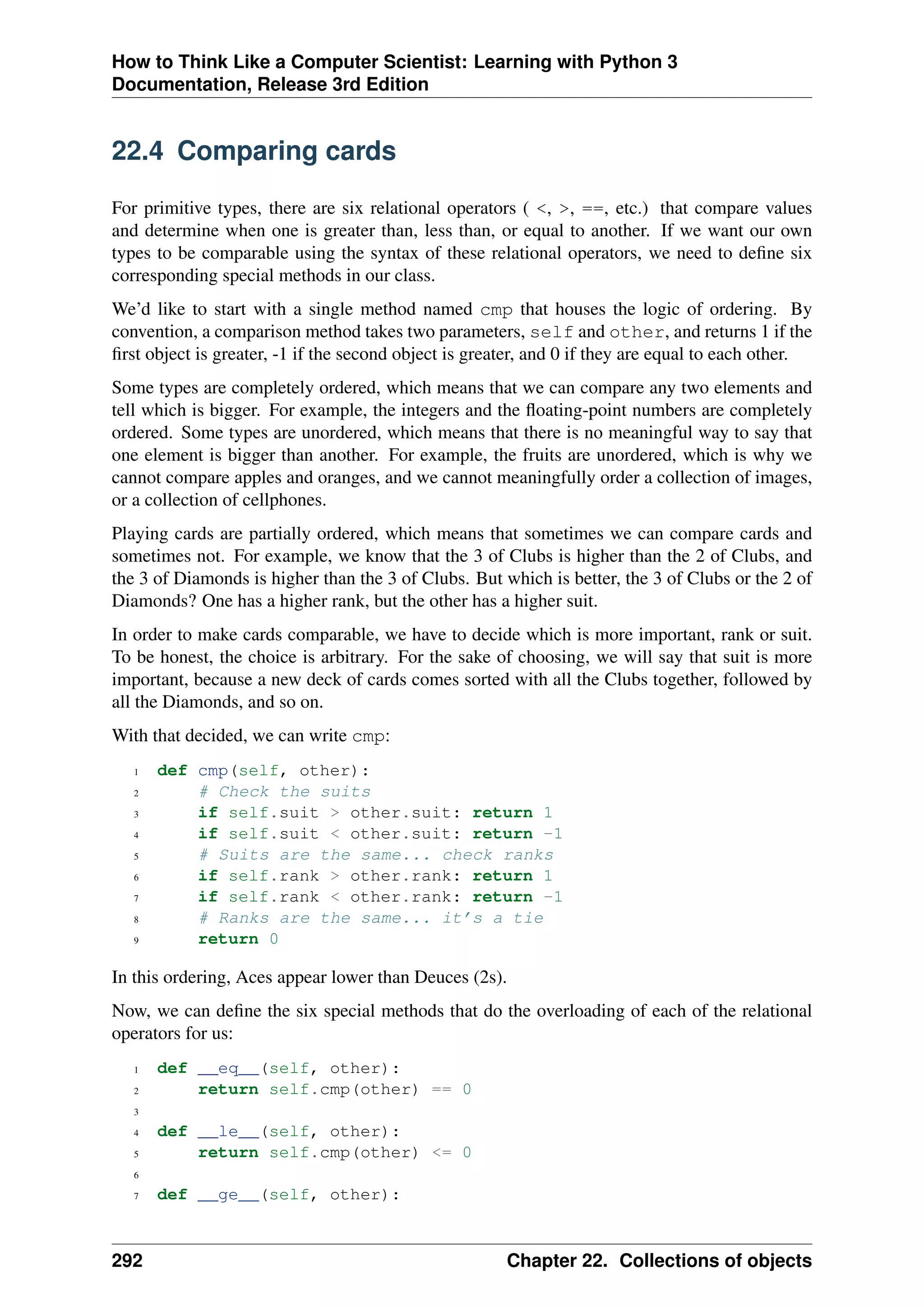 How to Think Like a Computer Scientist: Learning with Python 3
Documentation, Release 3rd Edition
22.4 Comparing cards
For primitive types, there are six relational operators ( <, >, ==, etc.) that compare values
and determine when one is greater than, less than, or equal to another. If we want our own
types to be comparable using the syntax of these relational operators, we need to define six
corresponding special methods in our class.
We’d like to start with a single method named cmp that houses the logic of ordering. By
convention, a comparison method takes two parameters, self and other, and returns 1 if the
first object is greater, -1 if the second object is greater, and 0 if they are equal to each other.
Some types are completely ordered, which means that we can compare any two elements and
tell which is bigger. For example, the integers and the floating-point numbers are completely
ordered. Some types are unordered, which means that there is no meaningful way to say that
one element is bigger than another. For example, the fruits are unordered, which is why we
cannot compare apples and oranges, and we cannot meaningfully order a collection of images,
or a collection of cellphones.
Playing cards are partially ordered, which means that sometimes we can compare cards and
sometimes not. For example, we know that the 3 of Clubs is higher than the 2 of Clubs, and
the 3 of Diamonds is higher than the 3 of Clubs. But which is better, the 3 of Clubs or the 2 of
Diamonds? One has a higher rank, but the other has a higher suit.
In order to make cards comparable, we have to decide which is more important, rank or suit.
To be honest, the choice is arbitrary. For the sake of choosing, we will say that suit is more
important, because a new deck of cards comes sorted with all the Clubs together, followed by
all the Diamonds, and so on.
With that decided, we can write cmp:
1 def cmp(self, other):
2 # Check the suits
3 if self.suit > other.suit: return 1
4 if self.suit < other.suit: return -1
5 # Suits are the same... check ranks
6 if self.rank > other.rank: return 1
7 if self.rank < other.rank: return -1
8 # Ranks are the same... it’s a tie
9 return 0
In this ordering, Aces appear lower than Deuces (2s).
Now, we can define the six special methods that do the overloading of each of the relational
operators for us:
1 def __eq__(self, other):
2 return self.cmp(other) == 0
3
4 def __le__(self, other):
5 return self.cmp(other) <= 0
6
7 def __ge__(self, other):
292 Chapter 22. Collections of objects
 