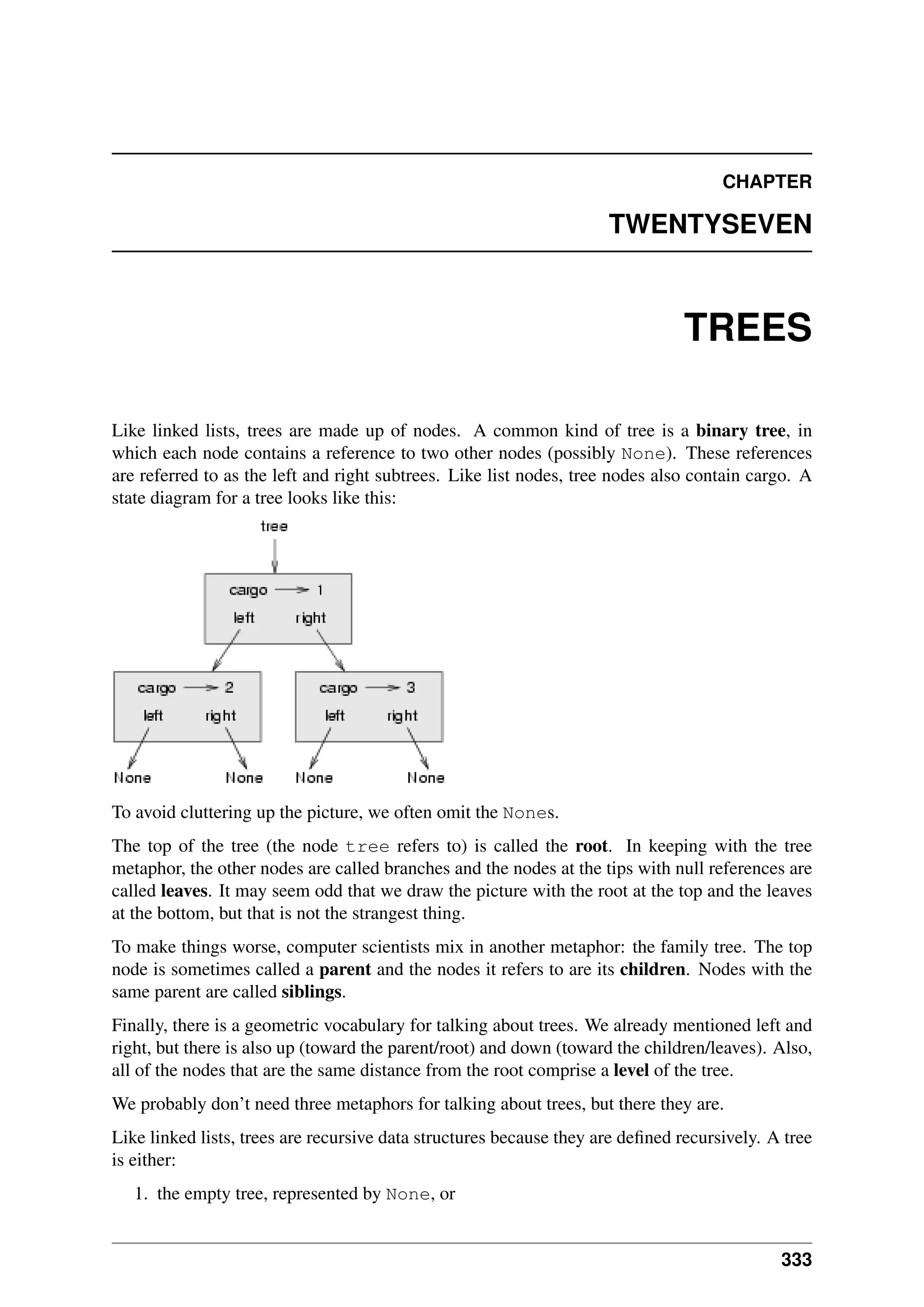 CHAPTER
TWENTYSEVEN
TREES
Like linked lists, trees are made up of nodes. A common kind of tree is a binary tree, in
which each node contains a reference to two other nodes (possibly None). These references
are referred to as the left and right subtrees. Like list nodes, tree nodes also contain cargo. A
state diagram for a tree looks like this:
To avoid cluttering up the picture, we often omit the Nones.
The top of the tree (the node tree refers to) is called the root. In keeping with the tree
metaphor, the other nodes are called branches and the nodes at the tips with null references are
called leaves. It may seem odd that we draw the picture with the root at the top and the leaves
at the bottom, but that is not the strangest thing.
To make things worse, computer scientists mix in another metaphor: the family tree. The top
node is sometimes called a parent and the nodes it refers to are its children. Nodes with the
same parent are called siblings.
Finally, there is a geometric vocabulary for talking about trees. We already mentioned left and
right, but there is also up (toward the parent/root) and down (toward the children/leaves). Also,
all of the nodes that are the same distance from the root comprise a level of the tree.
We probably don’t need three metaphors for talking about trees, but there they are.
Like linked lists, trees are recursive data structures because they are defined recursively. A tree
is either:
1. the empty tree, represented by None, or
333
 