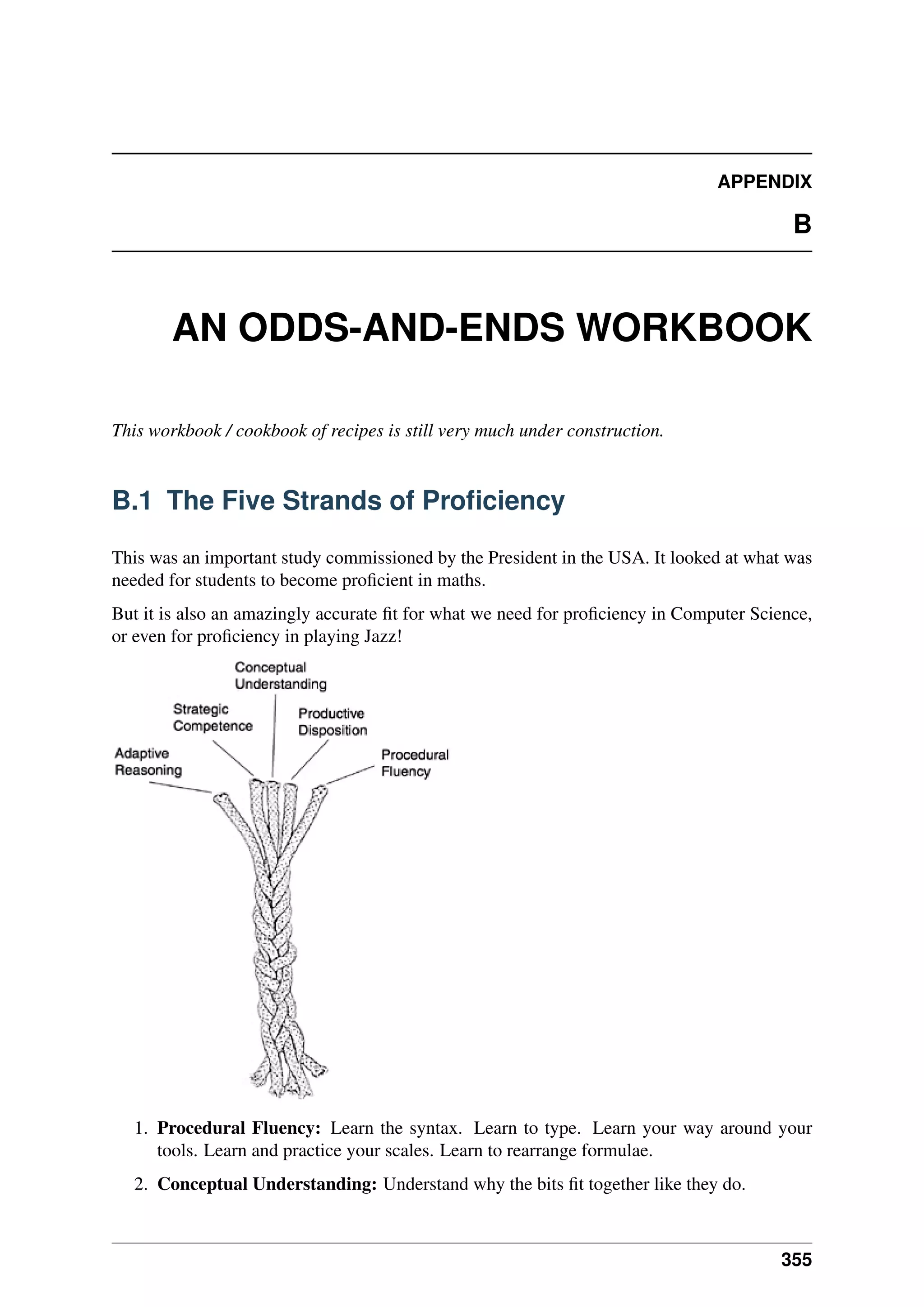 APPENDIX
B
AN ODDS-AND-ENDS WORKBOOK
This workbook / cookbook of recipes is still very much under construction.
B.1 The Five Strands of Proficiency
This was an important study commissioned by the President in the USA. It looked at what was
needed for students to become proficient in maths.
But it is also an amazingly accurate fit for what we need for proficiency in Computer Science,
or even for proficiency in playing Jazz!
1. Procedural Fluency: Learn the syntax. Learn to type. Learn your way around your
tools. Learn and practice your scales. Learn to rearrange formulae.
2. Conceptual Understanding: Understand why the bits fit together like they do.
355
 