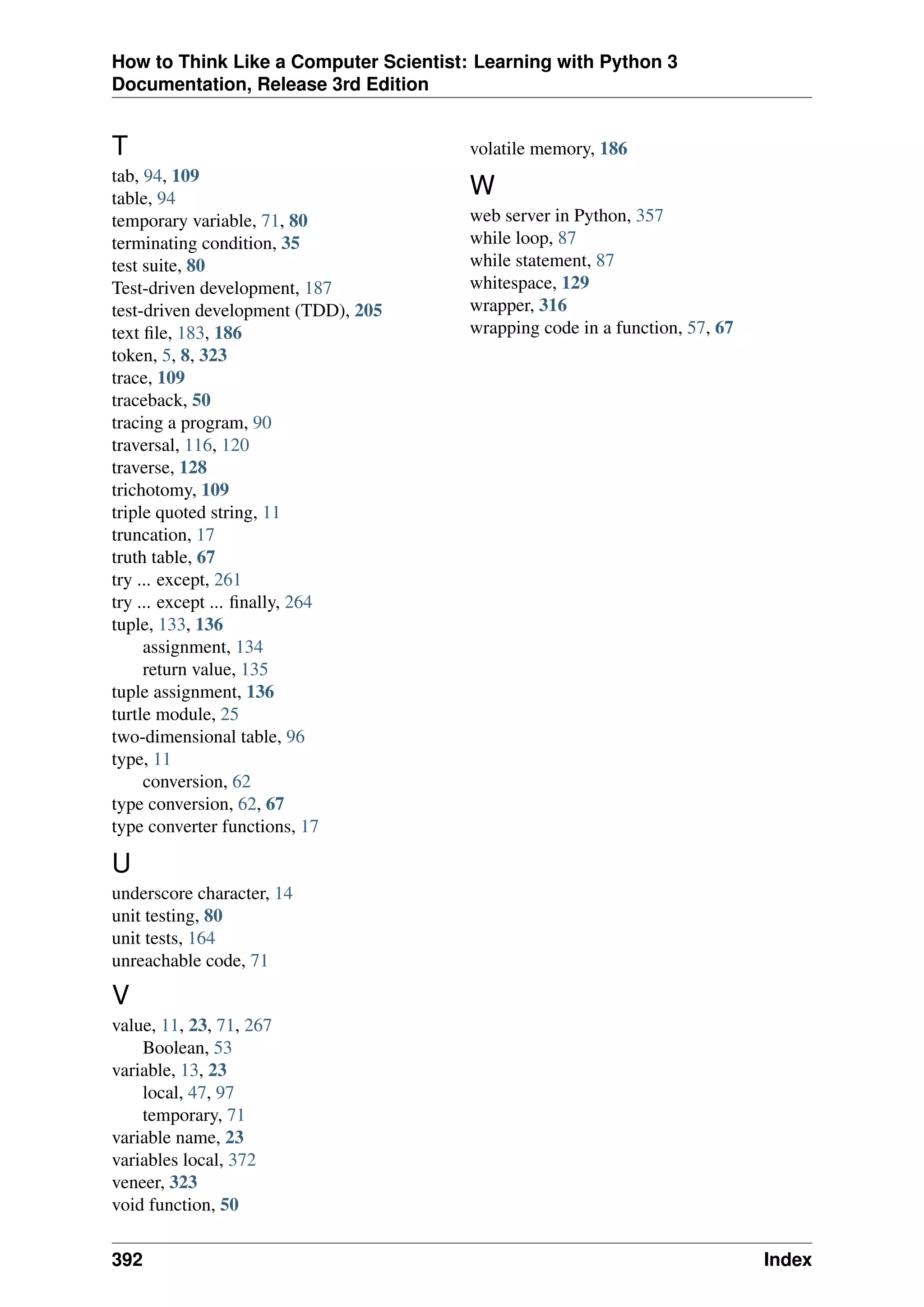 How to Think Like a Computer Scientist: Learning with Python 3
Documentation, Release 3rd Edition
T
tab, 94, 109
table, 94
temporary variable, 71, 80
terminating condition, 35
test suite, 80
Test-driven development, 187
test-driven development (TDD), 205
text file, 183, 186
token, 5, 8, 323
trace, 109
traceback, 50
tracing a program, 90
traversal, 116, 120
traverse, 128
trichotomy, 109
triple quoted string, 11
truncation, 17
truth table, 67
try ... except, 261
try ... except ... finally, 264
tuple, 133, 136
assignment, 134
return value, 135
tuple assignment, 136
turtle module, 25
two-dimensional table, 96
type, 11
conversion, 62
type conversion, 62, 67
type converter functions, 17
U
underscore character, 14
unit testing, 80
unit tests, 164
unreachable code, 71
V
value, 11, 23, 71, 267
Boolean, 53
variable, 13, 23
local, 47, 97
temporary, 71
variable name, 23
variables local, 372
veneer, 323
void function, 50
volatile memory, 186
W
web server in Python, 357
while loop, 87
while statement, 87
whitespace, 129
wrapper, 316
wrapping code in a function, 57, 67
392 Index
 