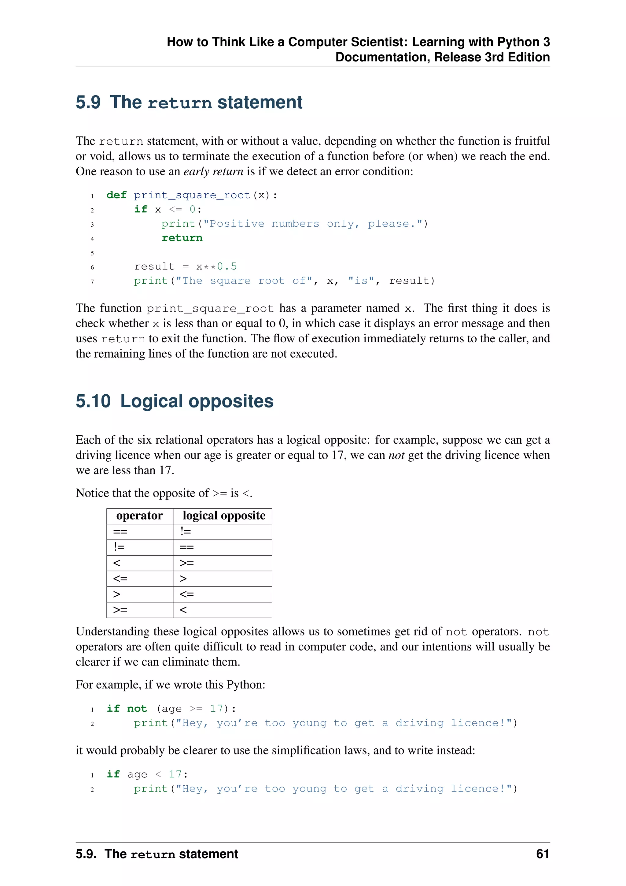 How to Think Like a Computer Scientist: Learning with Python 3
Documentation, Release 3rd Edition
5.9 The return statement
The return statement, with or without a value, depending on whether the function is fruitful
or void, allows us to terminate the execution of a function before (or when) we reach the end.
One reason to use an early return is if we detect an error condition:
1 def print_square_root(x):
2 if x <= 0:
3 print("Positive numbers only, please.")
4 return
5
6 result = x**0.5
7 print("The square root of", x, "is", result)
The function print_square_root has a parameter named x. The first thing it does is
check whether x is less than or equal to 0, in which case it displays an error message and then
uses return to exit the function. The flow of execution immediately returns to the caller, and
the remaining lines of the function are not executed.
5.10 Logical opposites
Each of the six relational operators has a logical opposite: for example, suppose we can get a
driving licence when our age is greater or equal to 17, we can not get the driving licence when
we are less than 17.
Notice that the opposite of >= is <.
operator logical opposite
== !=
!= ==
< >=
<= >
> <=
>= <
Understanding these logical opposites allows us to sometimes get rid of not operators. not
operators are often quite difficult to read in computer code, and our intentions will usually be
clearer if we can eliminate them.
For example, if we wrote this Python:
1 if not (age >= 17):
2 print("Hey, you’re too young to get a driving licence!")
it would probably be clearer to use the simplification laws, and to write instead:
1 if age < 17:
2 print("Hey, you’re too young to get a driving licence!")
5.9. The return statement 61
 