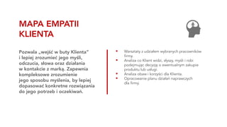 ▪ Warsztaty z udziałem wybranych pracowników
firmy.
▪ Analiza co Klient widzi, słyszy, myśli i robi
podejmując decyzję o ewentualnym zakupie
produktu lub usługi.
▪ Analiza obaw i korzyści dla Klienta.
▪ Opracowanie planu działań naprawczych
dla firmy.
Pozwala „wejść w buty Klienta”
i lepiej zrozumieć jego myśli,
odczucia, słowa oraz działania
w kontakcie z marką. Zapewnia
kompleksowe zrozumienie
jego sposobu myślenia, by lepiej
dopasować konkretne rozwiązania
do jego potrzeb i oczekiwań.
MAPA EMPATII
KLIENTA
 