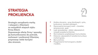 ▪ Analiza otoczenia – grup docelowych, rynku,
konkurencji, trendów rynkowych.
▪ Opracowanie koncepcji marki – charakter,
sensoryczność, język.
▪ Lejek sprzedażowy – dobór odpowiednich
narzędzi pozyskania klientów.
▪ Sformułowanie przykładowych komunikatów.
▪ Dobranie odpowiednich kanałów komunikacji
marketingowej.
▪ Best practices.
▪ Przygotowanie harmonogramu działań
i budżetu.
Strategia zarządzania marką
i relacjami z Klientami
na wszystkich etapach styku
firma–Klient.
Dopasowuje ofertę firmy i sposoby
jej komunikowania do potrzeb,
zachowań i preferencji Klientów,
przynosząc wiele korzyści
obu stronom.
STRATEGIA
PROKLIENCKA
 