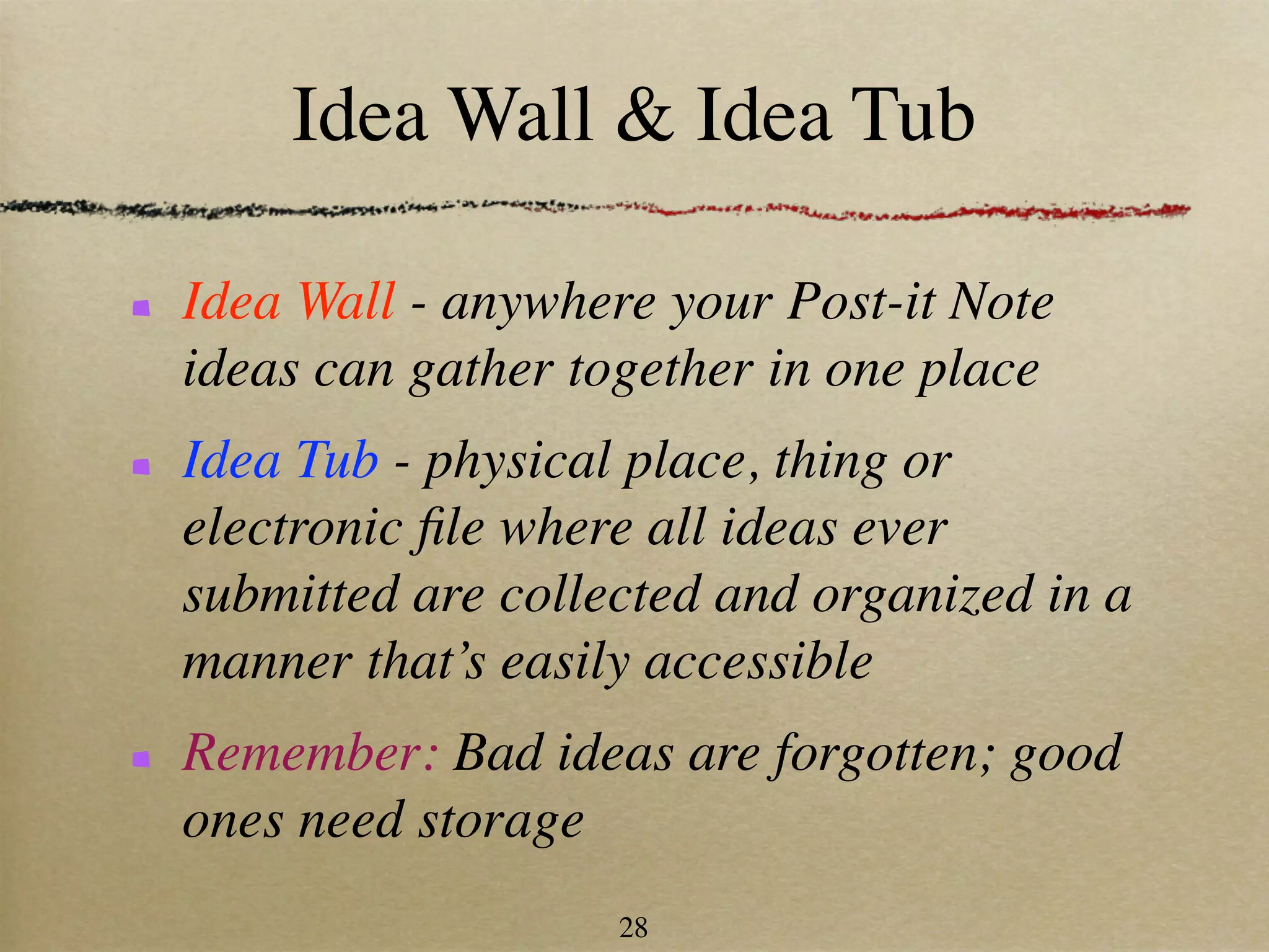 Idea Wall & Idea Tub

Idea Wall - anywhere your Post-it Note
ideas can gather together in one place
Idea Tub - physical place, thing or
electronic ﬁle where all ideas ever
submitted are collected and organized in a
manner that’s easily accessible
Remember: Bad ideas are forgotten; good
ones need storage
                   28
 