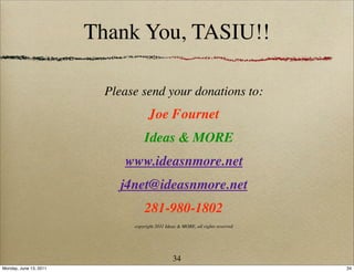 Thank You, TASIU!!

                         Please send your donations to:
                                    Joe Fournet
                                  Ideas & MORE
                            www.ideasnmore.net
                           j4net@ideasnmore.net
                                  281-980-1802
                              copyright 2011 Ideas & MORE, all rights reserved




                                                34
Monday, June 13, 2011                                                            34
 