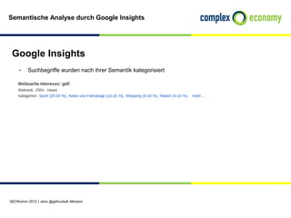 Semantische Analyse durch Google Insights




 Google Insights
    - Suchbegriffe wurden nach ihrer Semantik kategorisiert




SEOKomm 2012 | Jens @gefruckelt Altmann
 