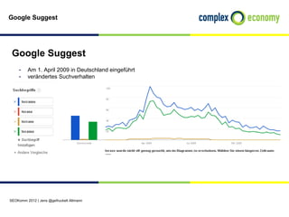 Google Suggest




 Google Suggest
    - Am 1. April 2009 in Deutschland eingeführt
    - verändertes Suchverhalten




SEOKomm 2012 | Jens @gefruckelt Altmann
 