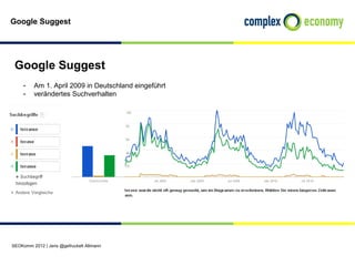Google Suggest




 Google Suggest
    - Am 1. April 2009 in Deutschland eingeführt
    - verändertes Suchverhalten




SEOKomm 2012 | Jens @gefruckelt Altmann
 
