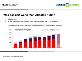 Reicht das nicht?




 Was passiert wenn man Altdaten nutzt?
    - Beispiel BER
    - Schon bei pünktlicher Öffnung hätte die Auslastung bei 100% gelegen!
          „mit einer Kapazität von 27 Millionen Passagieren im Jahr betrieben werden “




SEOKomm 2012 | Jens @gefruckelt Altmann
 