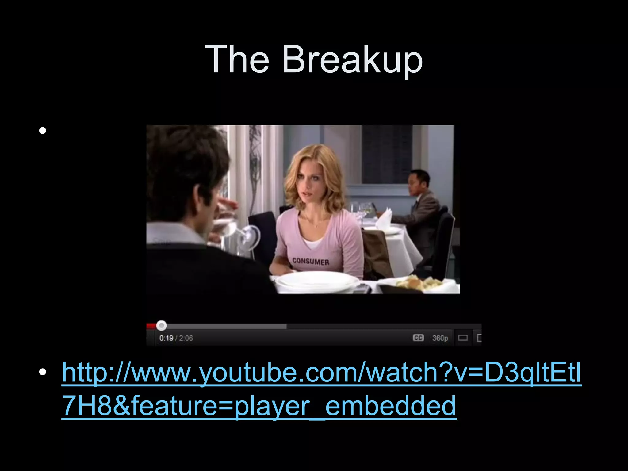 The Breakup
•




• http://www.youtube.com/watch?v=D3qltEtl
  7H8&feature=player_embedded
 