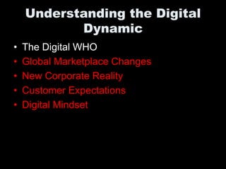 Understanding the Digital
           Dynamic
•   The Digital WHO
•   Global Marketplace Changes
•   New Corporate Reality
•   Customer Expectations
•   Digital Mindset
 