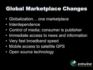 Global Marketplace Changes
•   Globalization… one marketplace
•   Interdependence
•   Control of media; consumer is publisher
•   Immediate access to news and information
•   Very fast broadband speed
•   Mobile access to satellite GPS
•   Open source technology
 