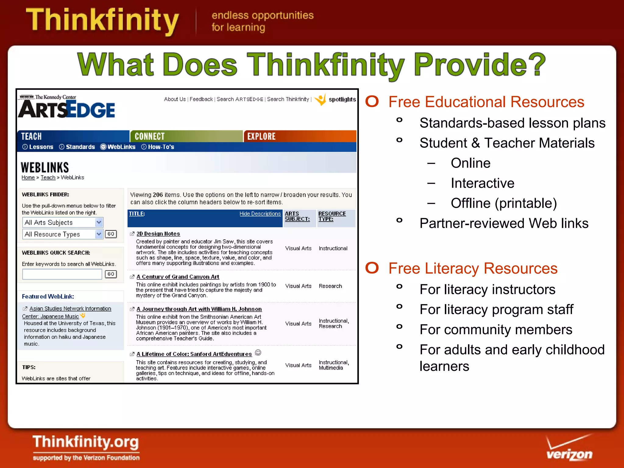 Free Educational Resources Standards-based lesson plans Student & Teacher Materials Online Interactive Offline (printable) Partner-reviewed Web links Free Literacy Resources For literacy instructors For literacy program staff For community members  For adults and early childhood learners 