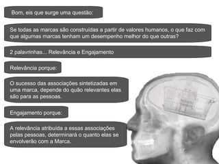 Bom, eis que surge uma questão: Se todas as marcas são construídas a partir de valores humanos, o que faz com que algumas marcas tenham um desempenho melhor do que outras ? 2 palavrinhas...  Relev ância e Engajamento  Relevância porque: O sucesso das associações sintetizadas em  uma marca, depende do quão relevantes elas são para as pessoas. Engajamento porque: A relevância atribuída a essas associações  pelas pessoas, determinará o quanto elas se envolverão com a Marca. 