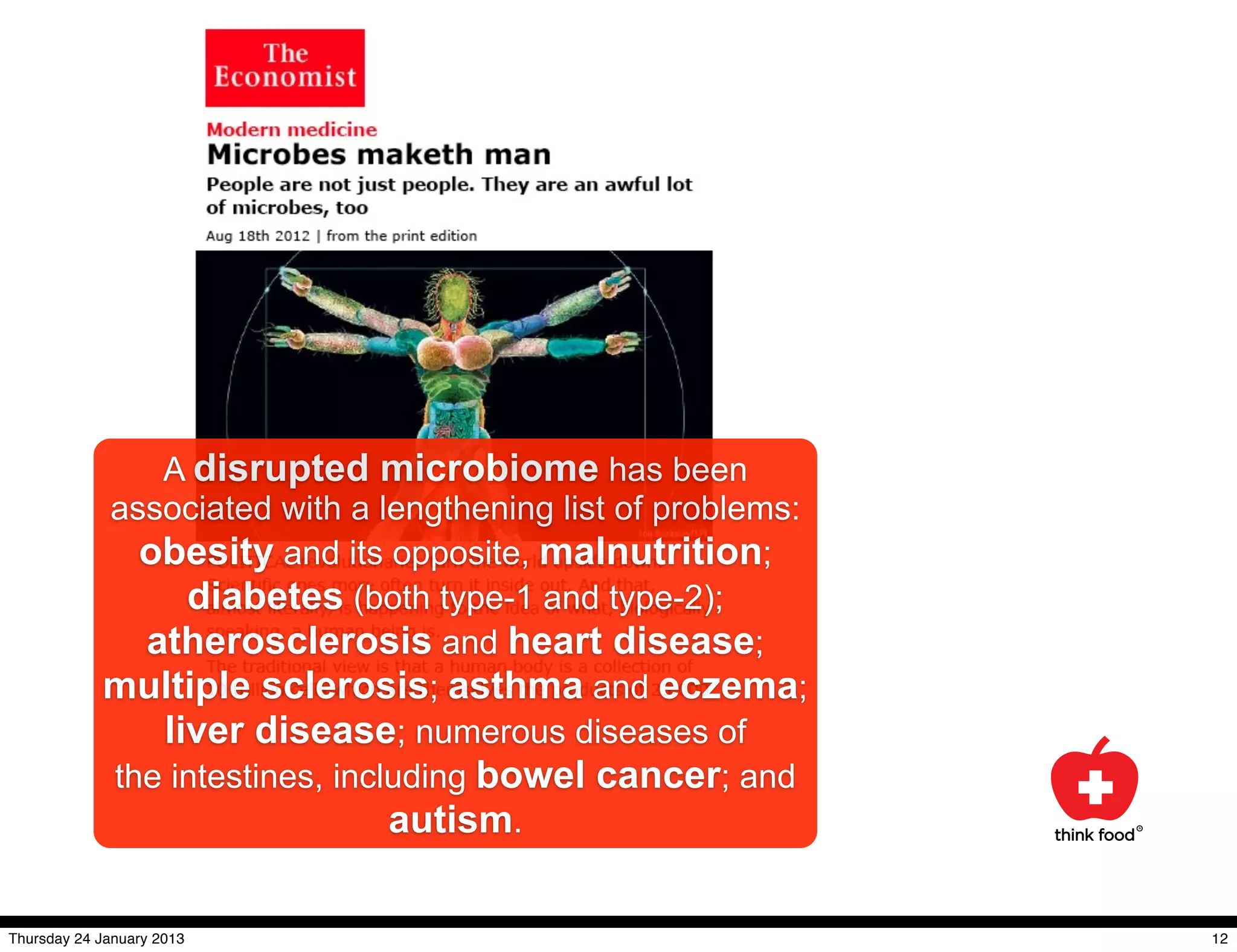 A disrupted microbiome has been
            associated with a lengthening list of problems:
              obesity and its opposite, malnutrition;
                 diabetes (both type-1 and type-2);
              atherosclerosis and heart disease;
            multiple sclerosis; asthma and eczema;
               liver disease; numerous diseases of
            the intestines, including bowel cancer; and
                                autism.

Thursday 24 January 2013                                      12
 