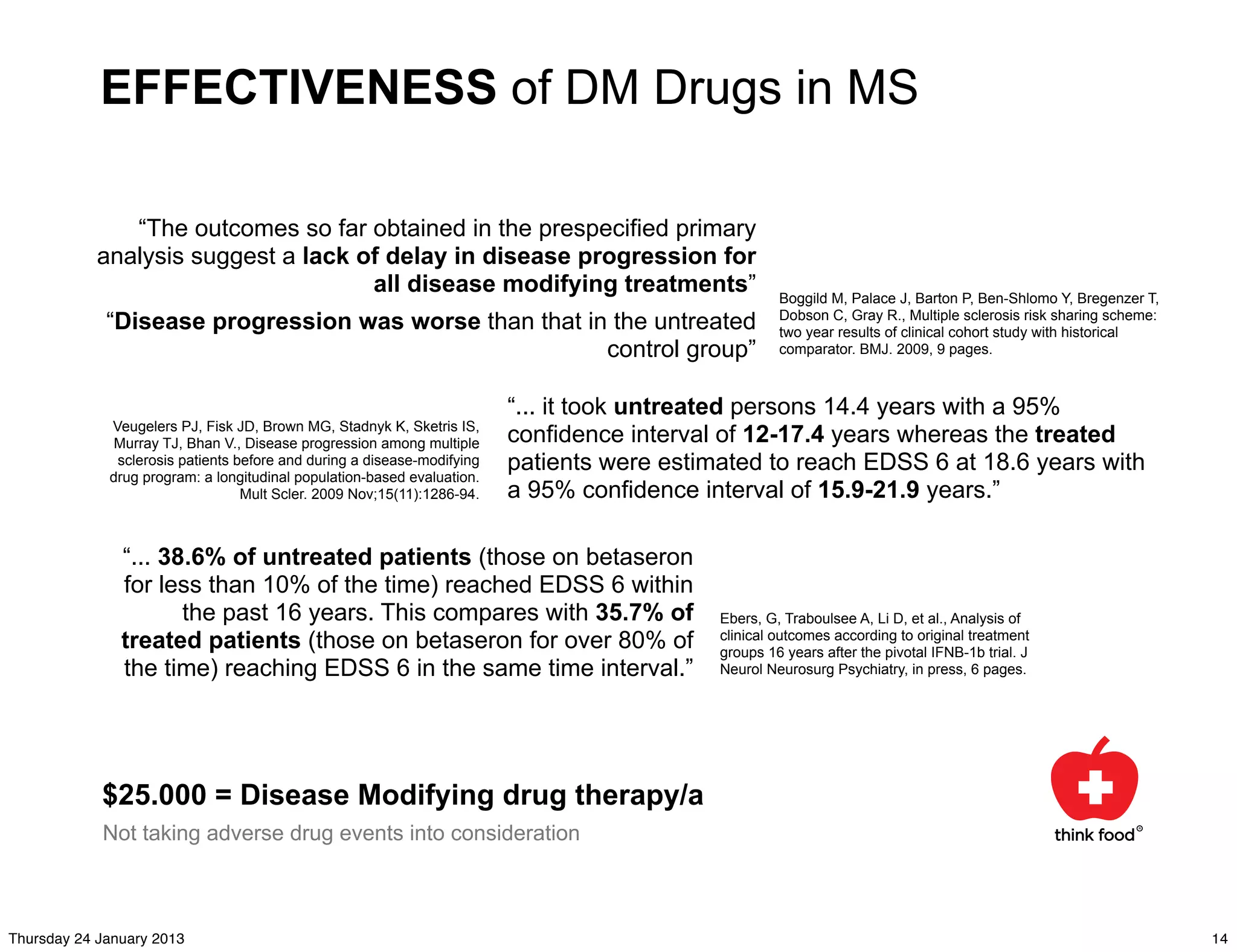 EFFECTIVENESS of DM Drugs in MS

               “The outcomes so far obtained in the prespecified primary
            analysis suggest a lack of delay in disease progression for
                                     all disease modifying treatments”                               Boggild M, Palace J, Barton P, Ben-Shlomo Y, Bregenzer T,
                                                                                                     Dobson C, Gray R., Multiple sclerosis risk sharing scheme:
             “Disease progression was worse than that in the untreated                               two year results of clinical cohort study with historical
                                                        control group”                               comparator. BMJ. 2009, 9 pages.



                                                                         “... it took untreated persons 14.4 years with a 95%
             Veugelers PJ, Fisk JD, Brown MG, Stadnyk K, Sketris IS,
              Murray TJ, Bhan V., Disease progression among multiple     confidence interval of 12-17.4 years whereas the treated
              sclerosis patients before and during a disease-modifying   patients were estimated to reach EDSS 6 at 18.6 years with
             drug program: a longitudinal population-based evaluation.
                                  Mult Scler. 2009 Nov;15(11):1286-94.   a 95% confidence interval of 15.9-21.9 years.”

               “... 38.6% of untreated patients (those on betaseron
               for less than 10% of the time) reached EDSS 6 within
                      the past 16 years. This compares with 35.7% of                        Ebers, G, Traboulsee A, Li D, et al., Analysis of
               treated patients (those on betaseron for over 80% of                         clinical outcomes according to original treatment
                                                                                            groups 16 years after the pivotal IFNB-1b trial. J
               the time) reaching EDSS 6 in the same time interval.”                        Neurol Neurosurg Psychiatry, in press, 6 pages.




            $25.000 = Disease Modifying drug therapy/a
            Not taking adverse drug events into consideration



Thursday 24 January 2013                                                                                                                                          14
 