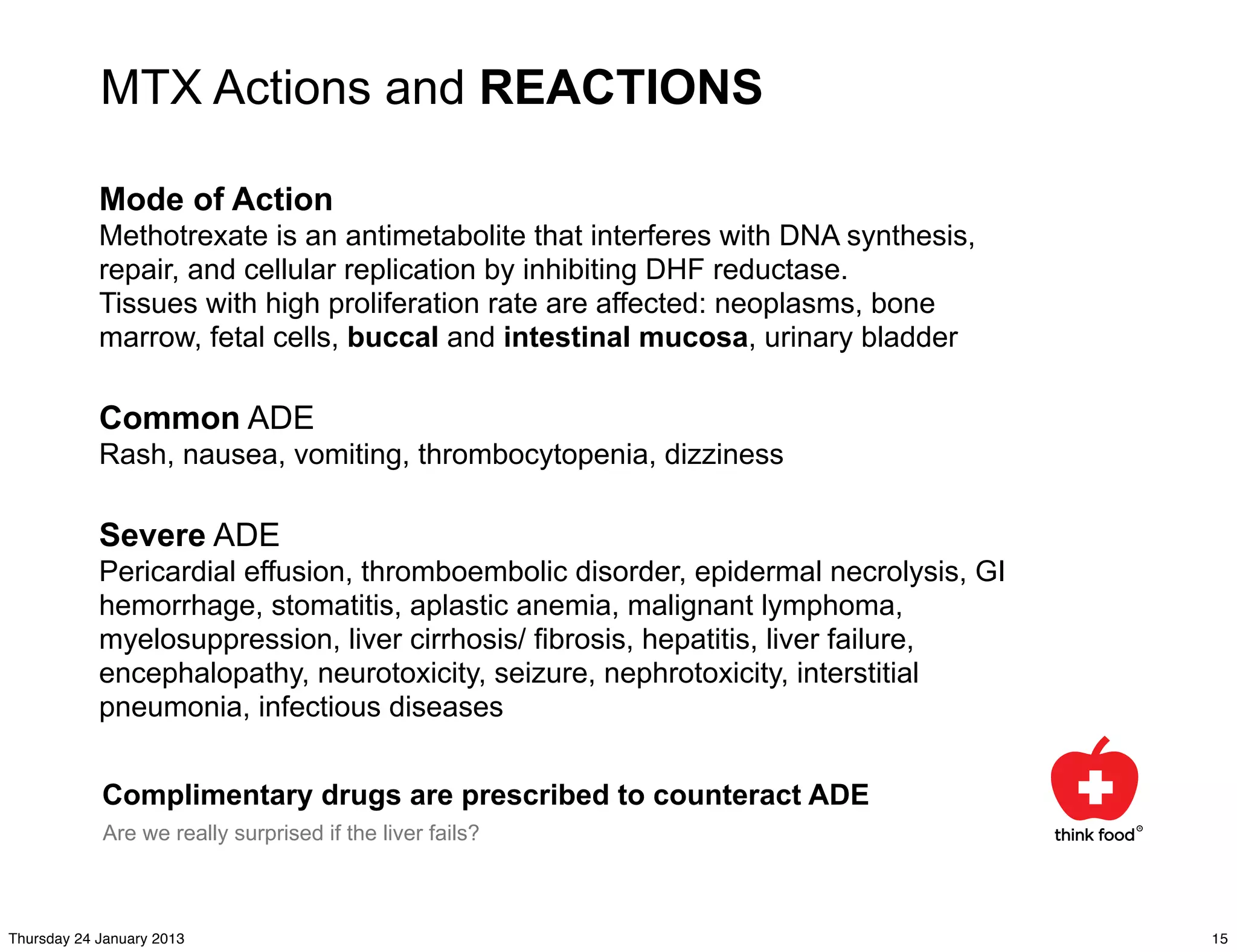 MTX Actions and REACTIONS

            Mode of Action
            Methotrexate is an antimetabolite that interferes with DNA synthesis,
            repair, and cellular replication by inhibiting DHF reductase.
            Tissues with high proliferation rate are affected: neoplasms, bone
            marrow, fetal cells, buccal and intestinal mucosa, urinary bladder

            Common ADE
            Rash, nausea, vomiting, thrombocytopenia, dizziness

            Severe ADE
            Pericardial effusion, thromboembolic disorder, epidermal necrolysis, GI
            hemorrhage, stomatitis, aplastic anemia, malignant lymphoma,
            myelosuppression, liver cirrhosis/ fibrosis, hepatitis, liver failure,
            encephalopathy, neurotoxicity, seizure, nephrotoxicity, interstitial
            pneumonia, infectious diseases


            Complimentary drugs are prescribed to counteract ADE
            Are we really surprised if the liver fails?



Thursday 24 January 2013                                                              15
 