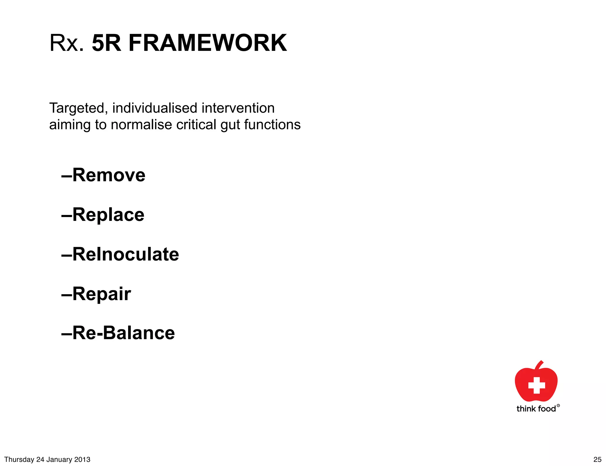 Rx. 5R FRAMEWORK

            Targeted, individualised intervention
            aiming to normalise critical gut functions


               –Remove

               –Replace

               –ReInoculate

               –Repair

               –Re-Balance




Thursday 24 January 2013                                 25
 