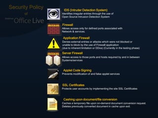 Security Policy    IDS (Intruder Detection System)
      of          Identifies irregular entries through the use of
                  Open Source Intrusion Detection System


                  Firewall
                  Allows access only for defined ports associated with
                  Network & services.

                   Application Firewall
                  Denies external entries or attacks which were not blocked or
                  unable to block by the use of Firewall application
                  (due to inherent limitation or DDos) (Currently in the testing phase)
                  Server Firewall
                  Allows access to those ports and hosts required by and in between
                  Systems/services


                   Applet Code Signing
                  Prevents modification of and false applet services



                  SSL Certificates
                  Protects user accounts by implementing the site SSL Certificates



                   Cashing upon document/file conversion
                  Caches a temporary file upon on-demand document conversion request.
                  Deletes previously converted document in cache upon exit.
 