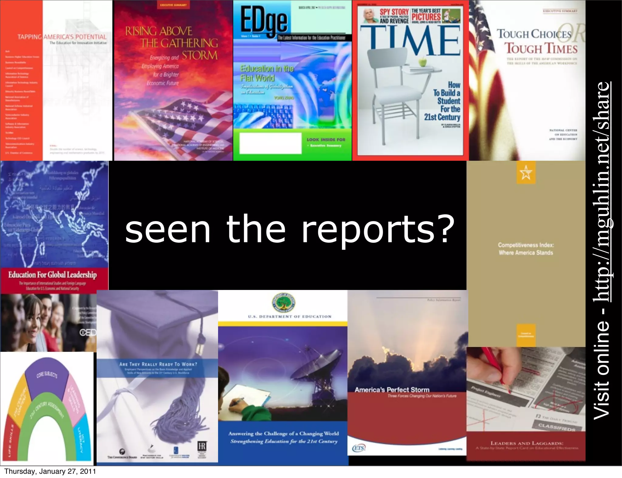 Visit online - http://mguhlin.net/share
                             seen the reports?




Thursday, January 27, 2011
 