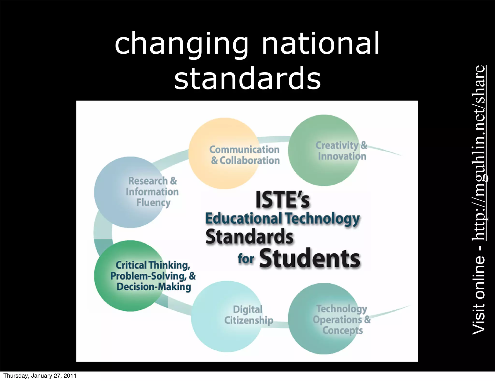 changing national
                                standards




                                                 Visit online - http://mguhlin.net/share
Thursday, January 27, 2011
 