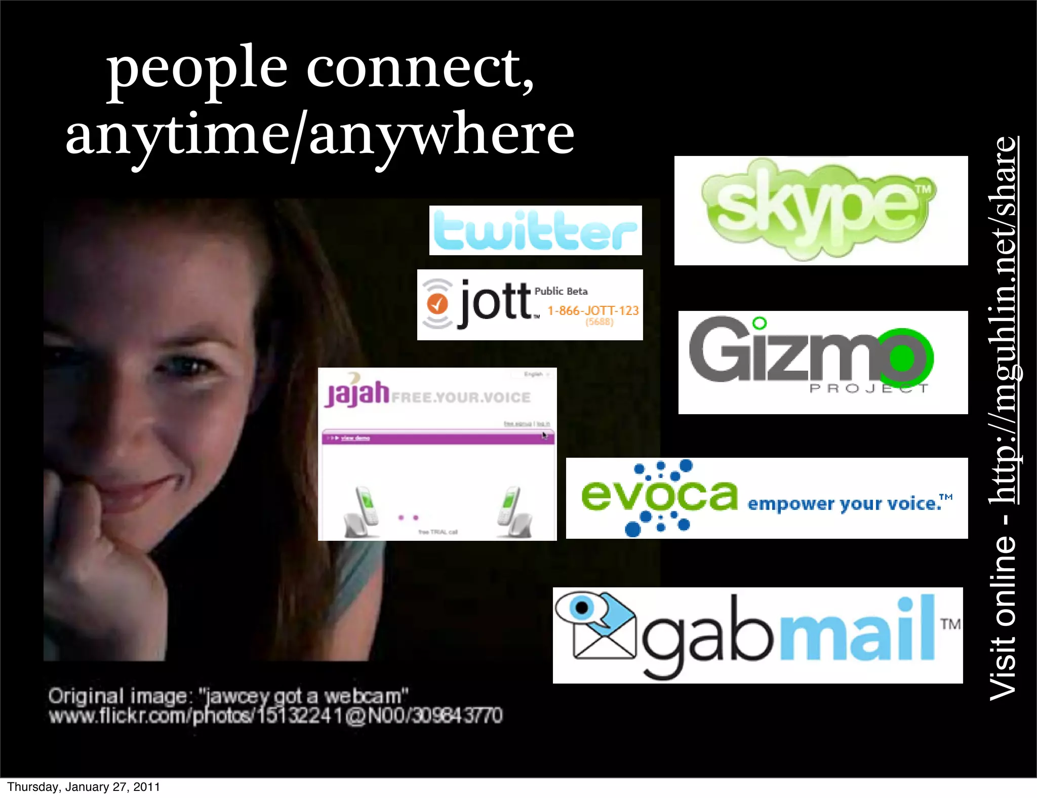 people connect,
         anytime/anywhere




                             Visit online - http://mguhlin.net/share
Thursday, January 27, 2011
 