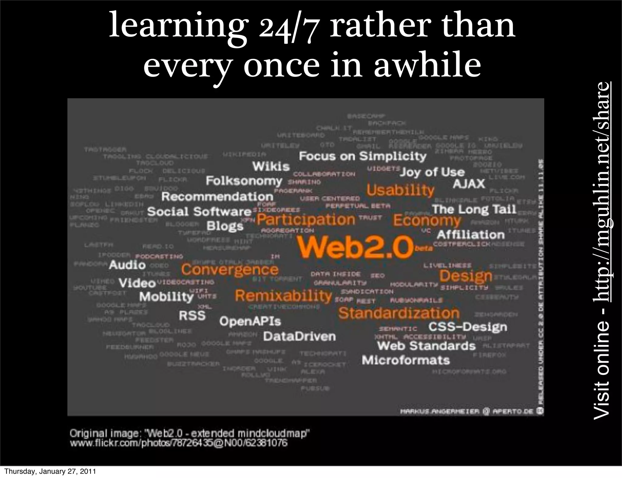 learning 24/7 rather than
                               every once in awhile




                                                         Visit online - http://mguhlin.net/share
Thursday, January 27, 2011
 