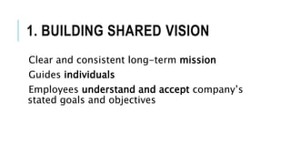 1. BUILDING SHARED VISION
Clear and consistent long-term mission
Guides individuals
Employees understand and accept company’s
stated goals and objectives
 