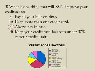 3) What is one thing that will NOT improve your
credit score?
a) Pay all your bills on time.
b) Keep more than one credit card.
c) Always pay in cash.
d) Keep your credit card balances under 30%
of your credit limit.
 