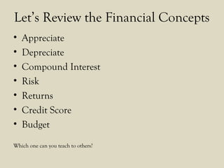 Let’s Review the Financial Concepts
• Appreciate
• Depreciate
• Compound Interest
• Risk
• Returns
• Credit Score
• Budget
Which one can you teach to others?
 