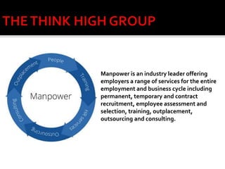 Manpower is an industry leader offering
employers a range of services for the entire
employment and business cycle including
permanent, temporary and contract
recruitment, employee assessment and
selection, training, outplacement,
outsourcing and consulting.
 