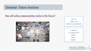 Grammar: Future structures
How will online communication evolve in the future?
... is about to ...


... is on the point of ...


I doubt ...


I hope ...


I expect ...
will + inf.


will be + ing


will have + past participle
 