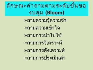 ลัก ษณะคำา ถามตามระดับ ขั้น ขอ
        งบลูม (Bloom)
      »ถามความรู้ความจำา
      »ถามความเข้าใจ
      »ถามการนำาไปใช้
      »ถามการวิเคราะห์
      »ถามการสังเคราะห์
      »ถามการประเมินค่า
 