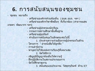 6. การสนับ สนุน ของชุม ชน
- ชุมชน หมายถึง
               - เครือข่ายองค์กรส่วนท้องถิน ( อบต. อบจ. ฯลฯ )
                                           ่
               - เครือข่ายองค์กรวิชาชีพอื่นๆ ที่เกี่ยวข้อง ( สาธารณสุข
เกษตร พัฒนากร ฯลฯ)
               - เครือข่ายผู้ปกครองนักเรียน
               - กรรมการสถานศึกษาขันพื้นฐาน
                                       ้
               - เครือข่ายผู้อุปถัมภ์
               - ดำาเนินการสนับสนุนในลักษณะต่อไปนี้
                        1. ประสานความร่วมมือจากผู้ปกครองในด้าน
              - โครงการ “ อ่าหนังสือให้ลูกฟัง ”
              - การเล่านิทาน
              - พาบุตรไปใช้แหล่งการเรียนรู้ที่เหมาะสม
                        2. จัดให้มีการ
              - เชิญภูมิปัญญาท้องถิ่นให้ความรู้
              - ฝึกปฏิบัติงานในสถานประกอบการ
              - จัดให้ศึกษาดูงาน
                        3. สนับสนุนงบประมาณ วัสดุครุภัณฑ์ ด้าน ICT
 