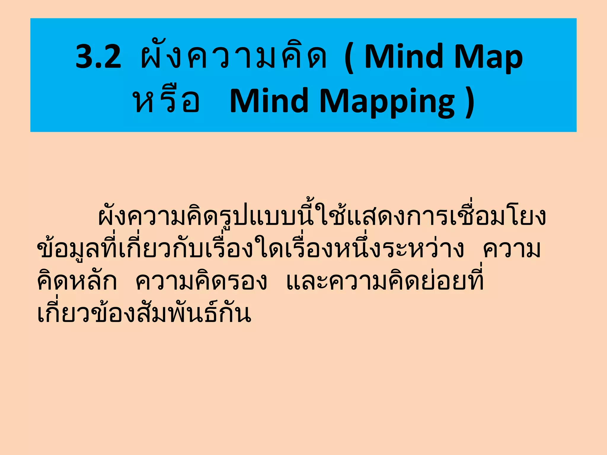 3.2 ผัง ความคิด ( Mind Map
       หรือ Mind Mapping )


      ผังความคิดรูปแบบนี้ใช้แสดงการเชื่อมโยง
ข้อมูลที่เกี่ยวกับเรื่องใดเรื่องหนึงระหว่าง ความ
                                   ่
คิดหลัก ความคิดรอง และความคิดย่อยที่
เกี่ยวข้องสัมพันธ์กัน
 
