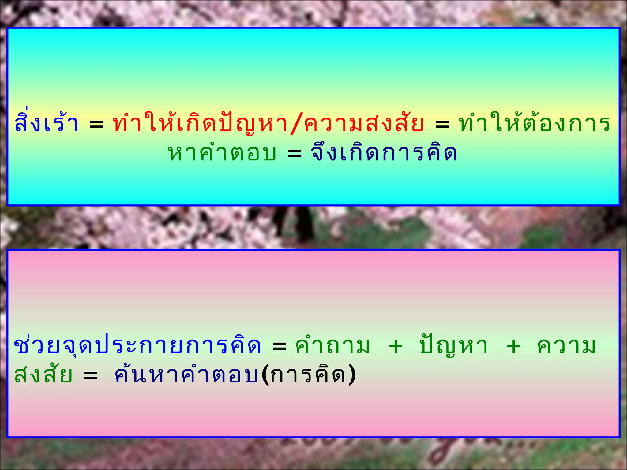 สิง เร้า = ทำา ให้เ กิด ปัญ หา/ความสงสัย = ทำา ให้ต ้อ งการ
  ่
                หาคำา ตอบ = จึง เกิด การคิด




ช่ว ยจุด ประกายการคิด = คำา ถาม + ปัญ หา + ความ
สงสัย = ค้น หาคำา ตอบ(การคิด )
 