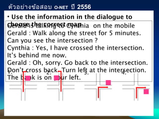Gerald is talking to Cynthia on the mobile
Gerald : Walk along the street for 5 minutes.
Can you see the intersection ?
Cynthia : Yes, I have crossed the intersection.
It’s behind me now.
Gerald : Oh, sorry. Go back to the intersection.
Don’t cross back. Turn left at the intersection.
The bank is on your left.
ตัวอย่างข้อสอบ O-NET ปี 2556
• Use the information in the dialogue to
choose the correct map
1. 2. 3. 4.
 