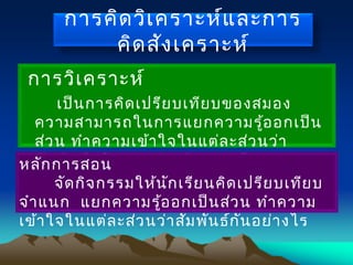 การคิดวิเคราะห์และการ
คิดสังเคราะห์
การวิเคราะห์
เป็นการคิดเปรียบเทียบของสมอง
ความสามารถในการแยกความรู้ออกเป็น
ส่วน ทำาความเข้าใจในแต่ละส่วนว่า
สัมพันธ์หรือแตกต่างกันอย่างไรหลักการสอน
จัดกิจกรรมให้นักเรียนคิดเปรียบเทียบ
จำาแนก แยกความรู้ออกเป็นส่วน ทำาความ
เข้าใจในแต่ละส่วนว่าสัมพันธ์กันอย่างไร
 