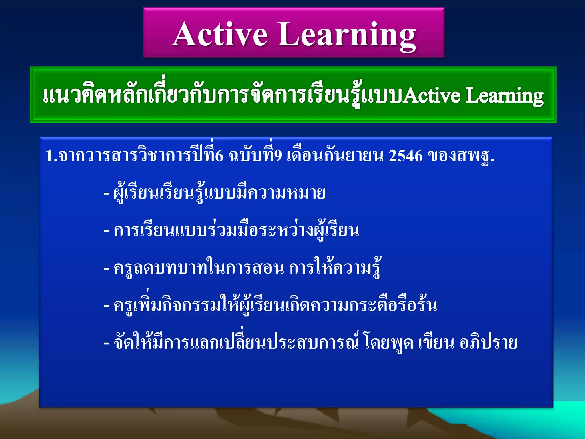 1.จากวารสารวิชาการปีที่6 ฉบับที่9 เดือนกันยายน 2546 ของสพฐ.
- ผู้เรียนเรียนรู้แบบมีความหมาย
- การเรียนแบบร่วมมือระหว่างผู้เรียน
- ครูลดบทบาทในการสอนการให้ความรู้
- ครูเพิ่มกิจกรรมให้ผู้เรียนเกิดความกระตือรือร้น
- จัดให้มีการแลกเปลี่ยนประสบการณ์ โดยพูด เขียน อภิปราย
Active Learning
 