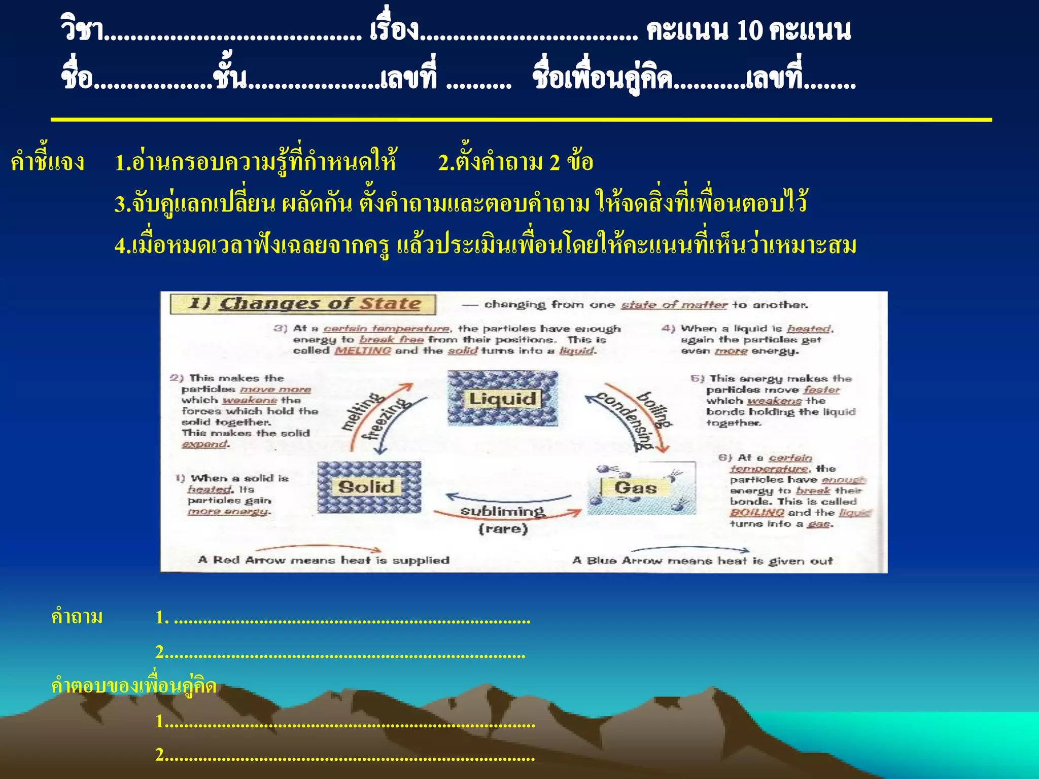 คาชี้แจง 1.อ่านกรอบความรู้ที่กาหนดให้ 2.ตั้งคาถาม 2 ข้อ
3.จับคู่แลกเปลี่ยน ผลัดกัน ตั้งคาถามและตอบคาถาม ให้จดสิ่งที่เพื่อนตอบไว้
4.เมื่อหมดเวลาฟังเฉลยจากครู แล้วประเมินเพื่อนโดยให้คะแนนที่เห็นว่าเหมาะสม
คาถาม 1. ............................................................................
2.............................................................................
คาตอบของเพื่อนคู่คิด
1...............................................................................
2...............................................................................
 