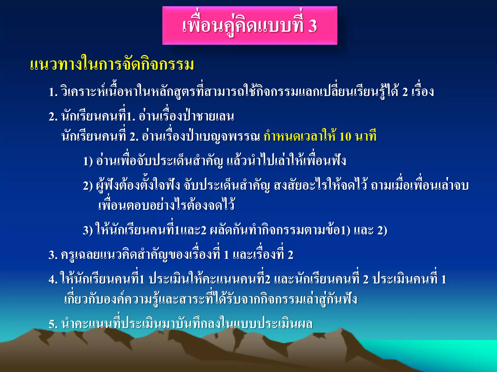แนวทางในการจัดกิจกรรม
1. วิเคราะห์เนื้อหาในหลักสูตรที่สามารถใช้กิจกรรมแลกเปลี่ยนเรียนรู้ได้ 2 เรื่อง
2. นักเรียนคนที่1. อ่านเรื่องป่าชายเลน
นักเรียนคนที่ 2. อ่านเรื่องป่าเบญจพรรณ กาหนดเวลาให้ 10 นาที
1) อ่านเพื่อจับประเด็นสาคัญ แล้วนาไปเล่าให้เพื่อนฟัง
2) ผู้ฟังต้องตั้งใจฟัง จับประเด็นสาคัญ สงสัยอะไรให้จดไว้ ถามเมื่อเพื่อนเล่าจบ
เพื่อนตอบอย่างไรต้องจดไว้
3) ให้นักเรียนคนที่1และ2 ผลัดกันทากิจกรรมตามข้อ1) และ 2)
3. ครูเฉลยแนวคิดสาคัญของเรื่องที่ 1 และเรื่องที่ 2
4. ให้นักเรียนคนที่1 ประเมินให้คะแนนคนที่2 และนักเรียนคนที่ 2 ประเมินคนที่ 1
เกี่ยวกับองค์ความรู้และสาระที่ได้รับจากกิจกรรมเล่าสู่กันฟัง
5. นาคะแนนที่ประเมินมาบันทึกลงในแบบประเมินผล
เพื่อนคู่คิดแบบที่ 3
 