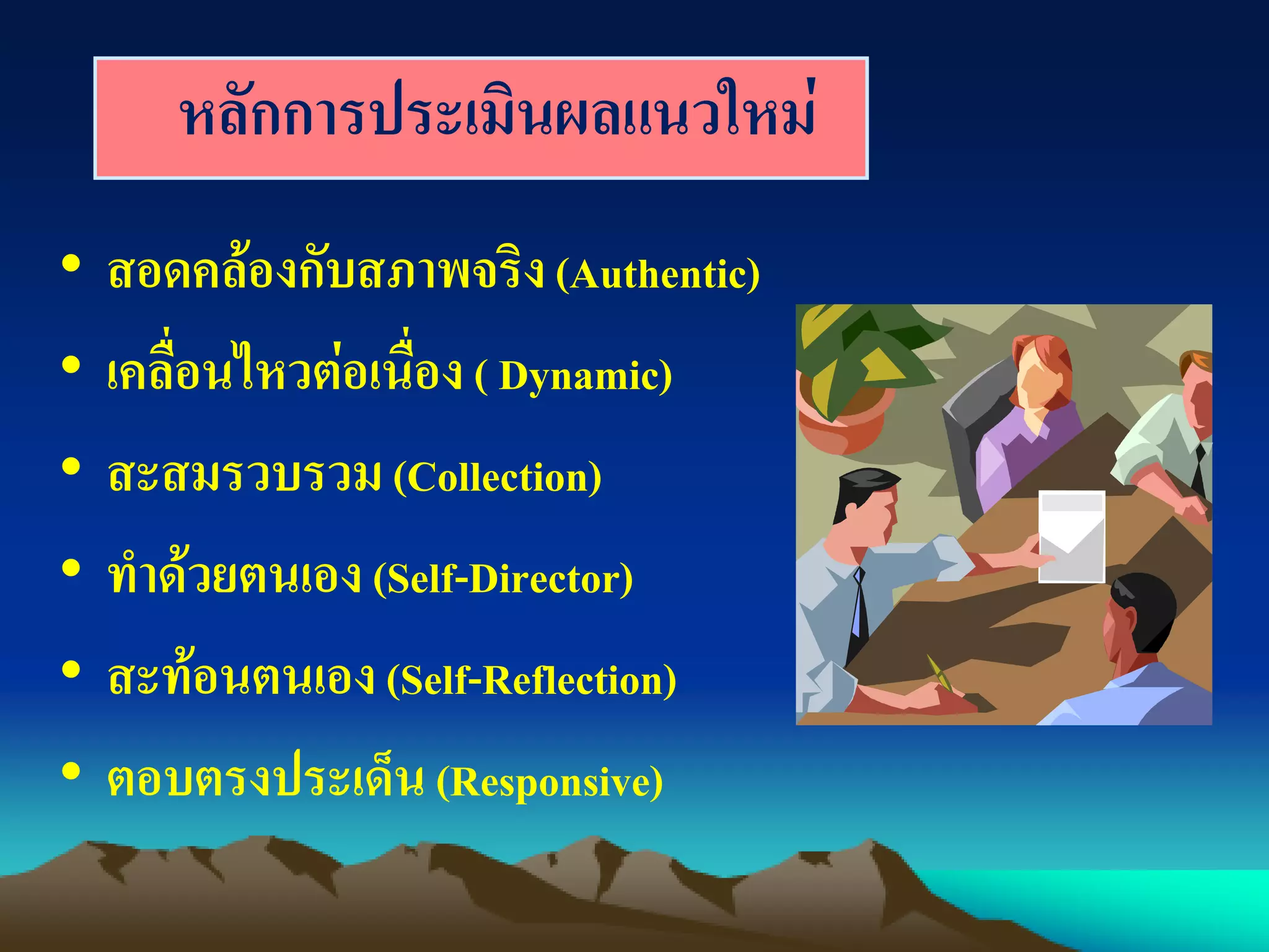 หลักการประเมินผลแนวใหม่
• สอดคล้องกับสภาพจริง(Authentic)
• เคลื่อนไหวต่อเนื่อง( Dynamic)
• สะสมรวบรวม(Collection)
• ทาด้วยตนเอง(Self-Director)
• สะท้อนตนเอง(Self-Reflection)
• ตอบตรงประเด็น(Responsive)
 