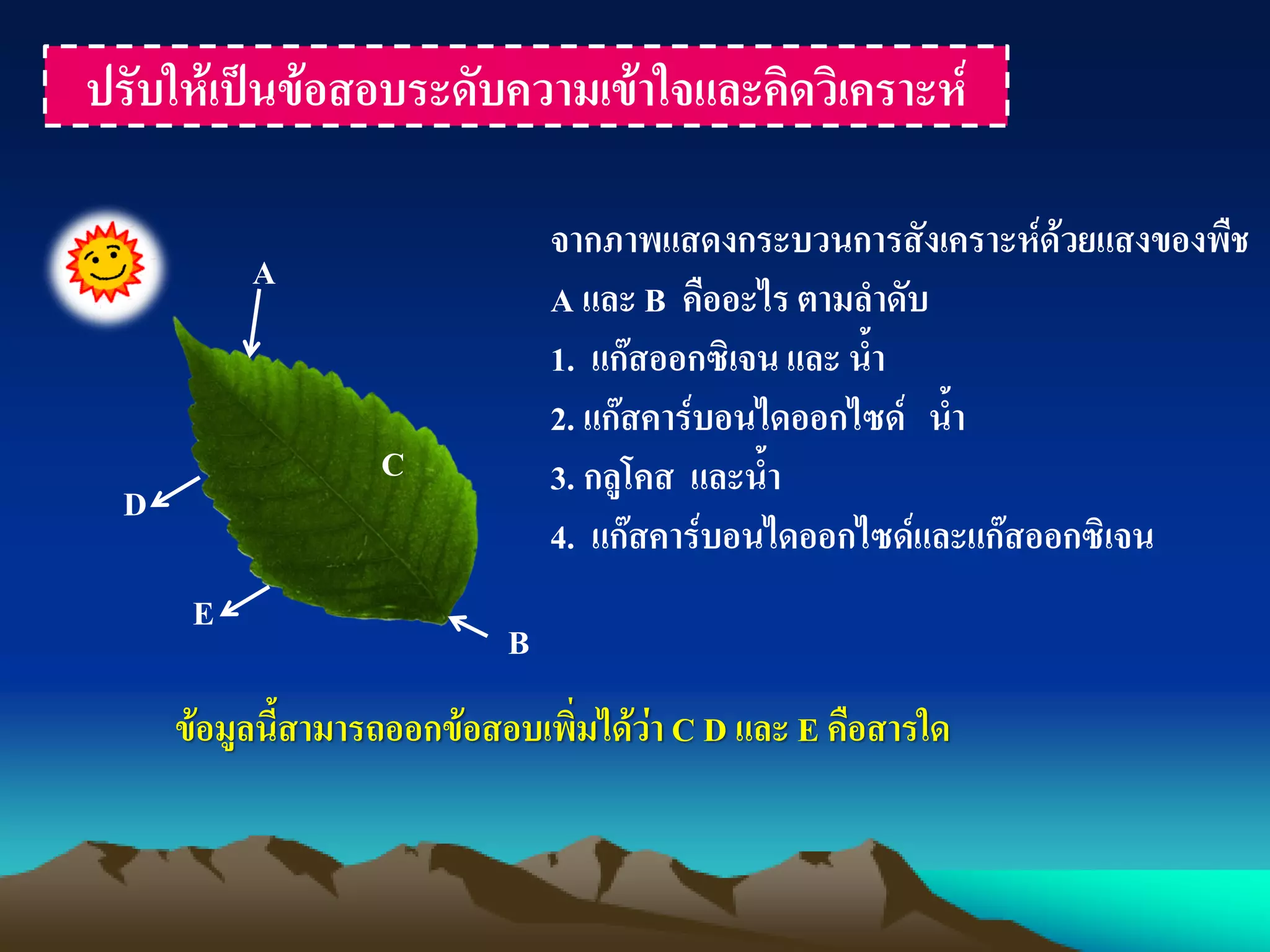 ปรับให้เป็นข้อสอบระดับความเข้าใจและคิดวิเคราะห์
B
A
C
D
E
จากภาพแสดงกระบวนการสังเคราะห์ด้วยแสงของพืช
A และ B คืออะไร ตามลาดับ
1. แก๊สออกซิเจน และ น้า
2. แก๊สคาร์บอนไดออกไซด์ น้า
3. กลูโคส และน้า
4. แก๊สคาร์บอนไดออกไซด์และแก๊สออกซิเจน
ข้อมูลนี้สามารถออกข้อสอบเพิ่มได้ว่า C D และ E คือสารใด
 