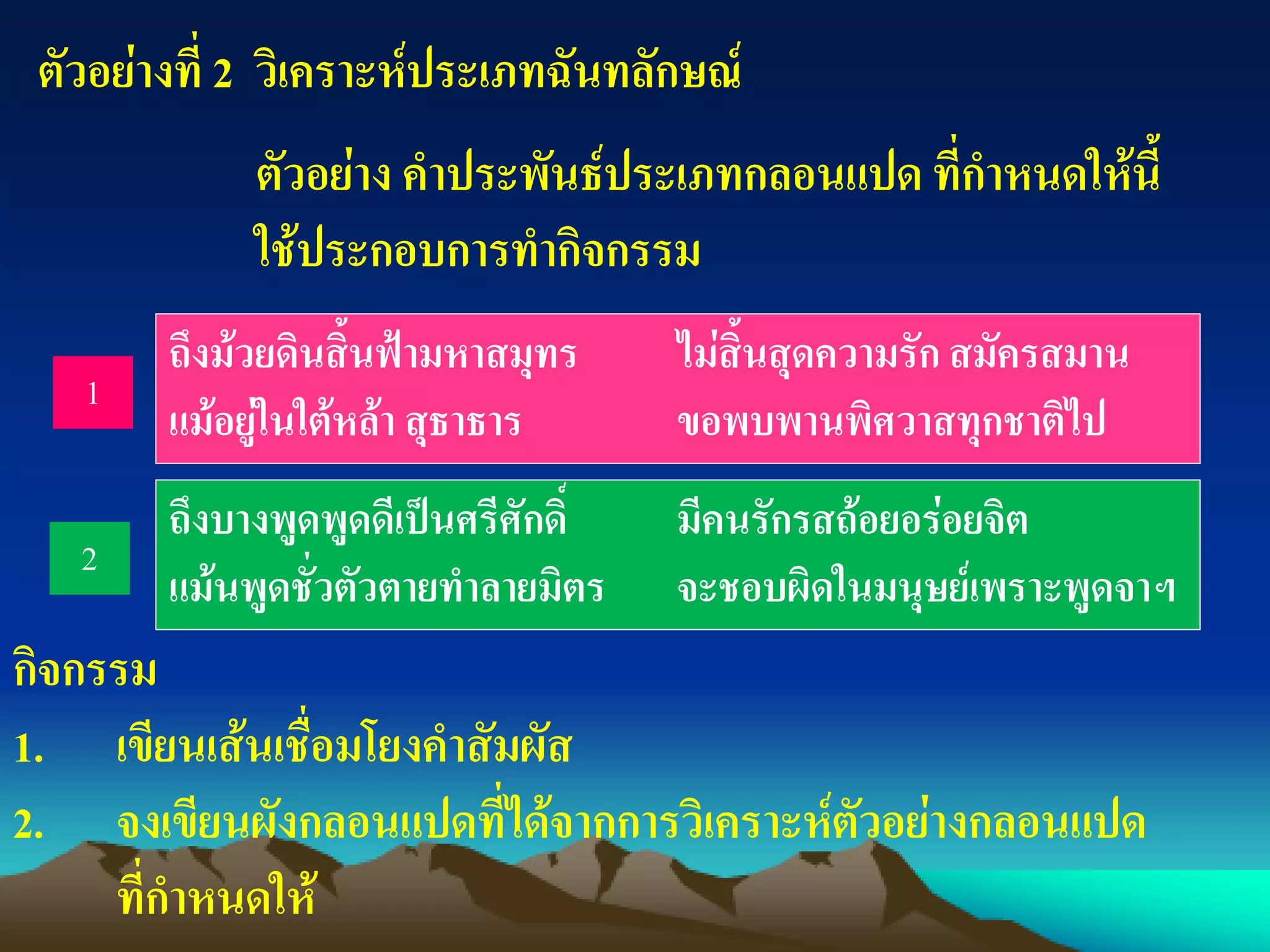 ตัวอย่าง คาประพันธ์ประเภทกลอนแปด ที่กาหนดให้นี้
ใช้ประกอบการทากิจกรรม
ถึงม้วยดินสิ้นฟ้ามหาสมุทร ไม่สิ้นสุดความรัก สมัครสมาน
แม้อยู่ในใต้หล้า สุธาธาร ขอพบพานพิศวาสทุกชาติไป
ตัวอย่างที่ 2 วิเคราะห์ประเภทฉันทลักษณ์
กิจกรรม
1. เขียนเส้นเชื่อมโยงคาสัมผัส
2. จงเขียนผังกลอนแปดที่ได้จากการวิเคราะห์ตัวอย่างกลอนแปด
ที่กาหนดให้
ถึงบางพูดพูดดีเป็นศรีศักดิ์ มีคนรักรสถ้อยอร่อยจิต
แม้นพูดชั่วตัวตายทาลายมิตร จะชอบผิดในมนุษย์เพราะพูดจาฯ
1
2
 