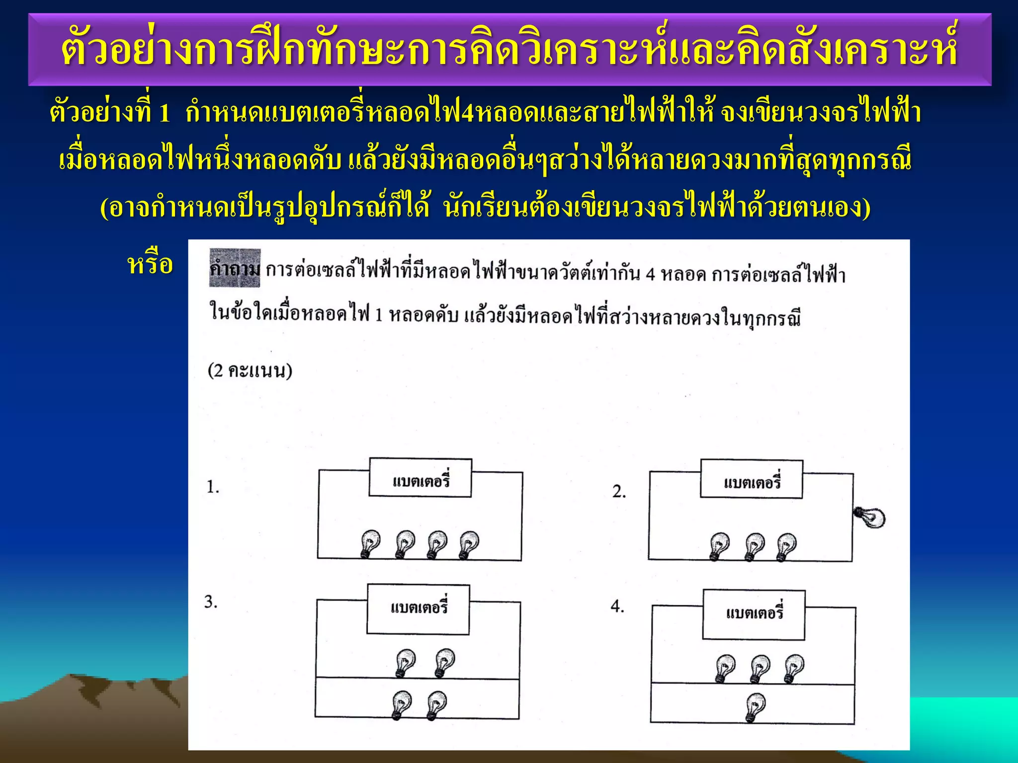 ตัวอย่างการฝึกทักษะการคิดวิเคราะห์และคิดสังเคราะห์
ตัวอย่างที่ 1 กาหนดแบตเตอรี่หลอดไฟ4หลอดและสายไฟฟ้าให้จงเขียนวงจรไฟฟ้า
เมื่อหลอดไฟหนึ่งหลอดดับแล้วยังมีหลอดอื่นๆสว่างได้หลายดวงมากที่สุดทุกกรณี
(อาจกาหนดเป็นรูปอุปกรณ์ก็ได้ นักเรียนต้องเขียนวงจรไฟฟ้าด้วยตนเอง)
หรือ
 