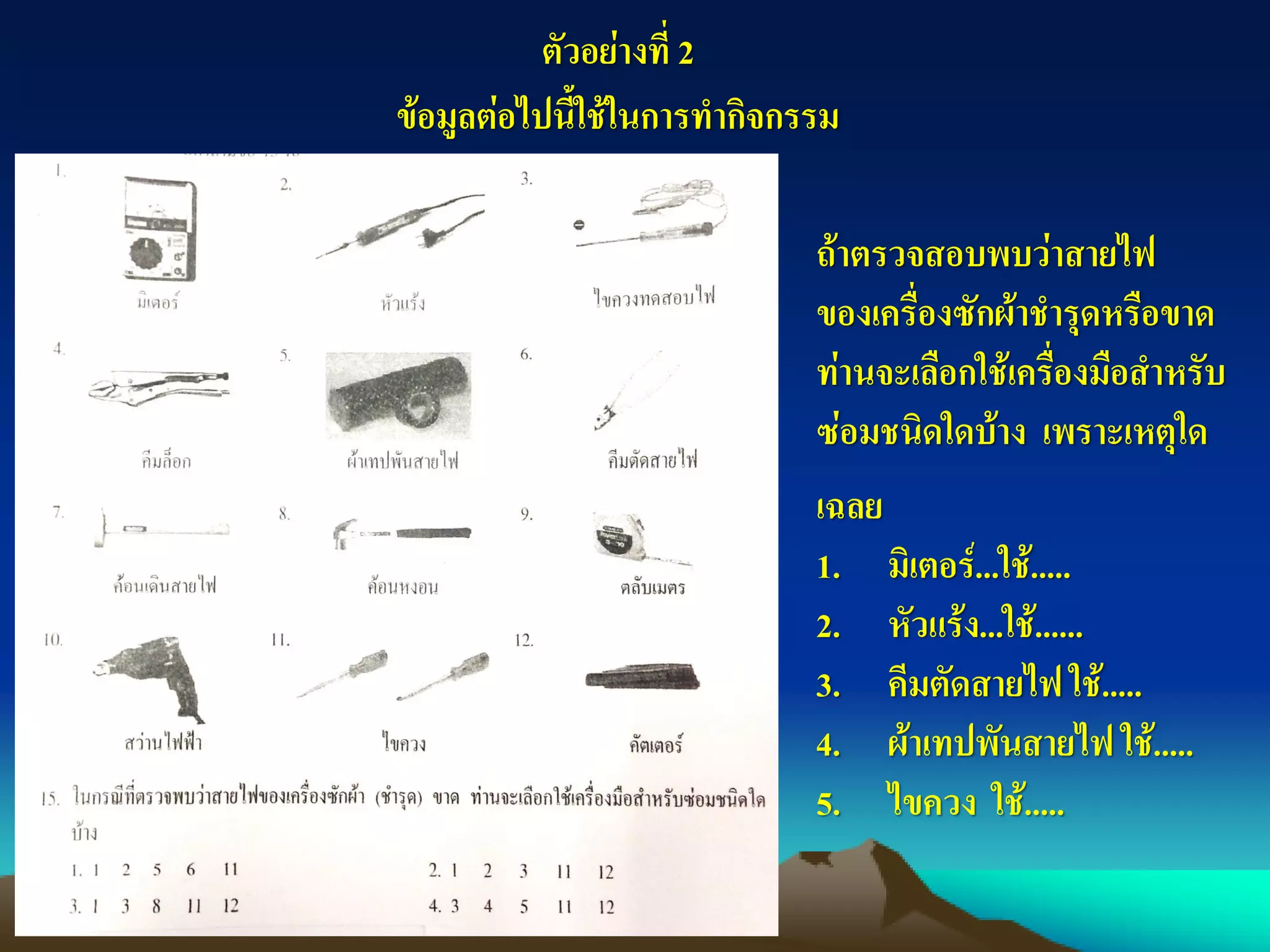 ตัวอย่างที่ 2
ข้อมูลต่อไปนี้ใช้ในการทากิจกรรม
ถ้าตรวจสอบพบว่าสายไฟ
ของเครื่องซักผ้าชารุดหรือขาด
ท่านจะเลือกใช้เครื่องมือสาหรับ
ซ่อมชนิดใดบ้าง เพราะเหตุใด
เฉลย
1. มิเตอร์...ใช้.....
2. หัวแร้ง...ใช้......
3. คีมตัดสายไฟ ใช้.....
4. ผ้าเทปพันสายไฟ ใช้.....
5. ไขควง ใช้.....
 
