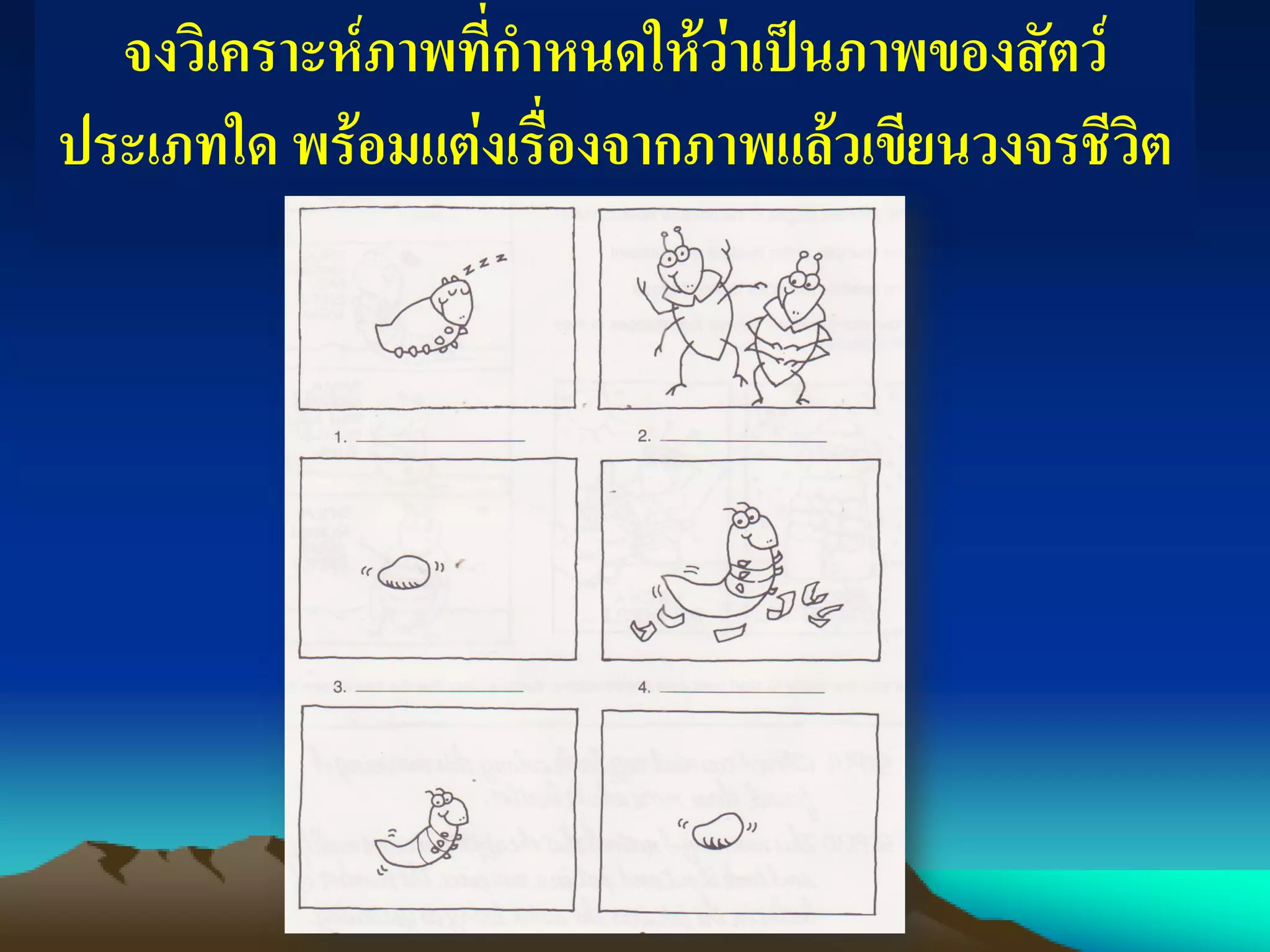 จงวิเคราะห์ภาพที่กาหนดให้ว่าเป็นภาพของสัตว์
ประเภทใด พร้อมแต่งเรื่องจากภาพแล้วเขียนวงจรชีวิต
 