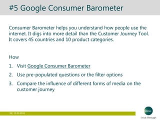 35 | 15.03.2016
#5 Google Consumer Barometer
Consumer Barometer helps you understand how people use the
internet. It digs into more detail than the Customer Journey Tool.
It covers 45 countries and 10 product categories.
How
1. Visit Google Consumer Barometer
2. Use pre-populated questions or the filter options
3. Compare the influence of different forms of media on the
customer journey
 